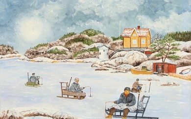 SOLD. Curt Sjöberg: "Vinterfiske vid julafton Trosa". Signed C Sjöberg 78. Oil on canvas. 40 x 58 cm. – Bruun Rasmussen Auctioneers of Fine Art