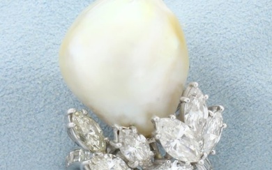 Custom Designed Baroque Pearl and Diamond Statement Ring in Platinum