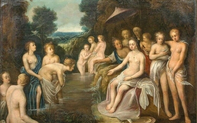 DIANA AND CALLISTO WITH NUDE ATTENDANTS OIL PAINTING