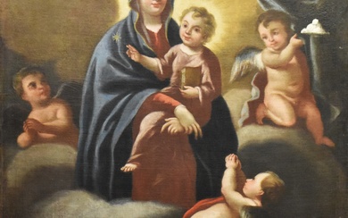 DIPINTO-‘Madonna con bambino e angeli’ olio su...