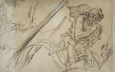 Dame Laura Knight DBE RA RWS, British 1877-1970- Detailed drawing of the front of the Lord Mayor's Coach, 'The Grotesque' (The Royal Coach); charcoal and pencil on paper, signed with initials and inscribed 'Detail of the Royal Coach', 64.6 x 94 cm...