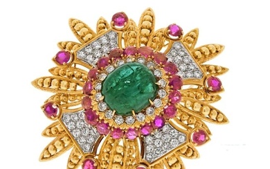 David Webb Platinum & 18K Yellow Gold 1960's Green Emerald Rubies And Diamonds Pendant Brooch