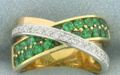 Designer Guy Laroche Tsavorite Garnet and Diamond Criss Cross Ring in 18k Yellow Gold