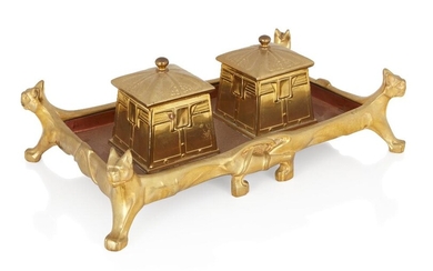 Designer Unknown, Secessionist rectangular ink stand, with two covered ink wells, on animal form supports, circa 1910, Brass and copper, Unmarked, 30cm x 19cm