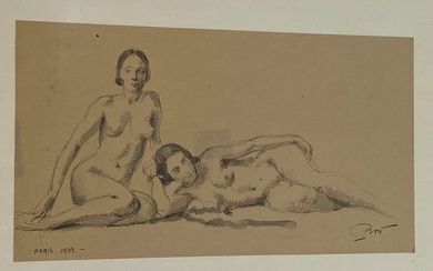Deux Femmes nues Dessin signé en bas à gauche... - Lot 28 - Delon - Hoebanx