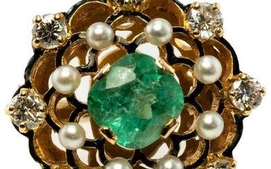 Diamond Colombian Emerald Ring Pearl Enamel 14K Gold