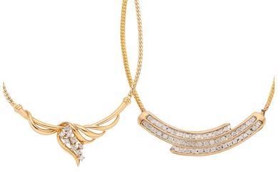 Diamond, Gold Necklaces The lot includes two necklaces: one...
