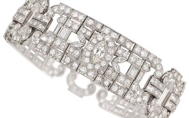 Diamond, Platinum Bracelet Stones: Full, marquise, and baguette-shaped diamonds...