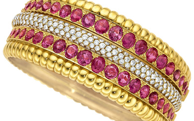 Diamond, Ruby, Gold Convertible Bracelet Stones: Round and oval-shaped...