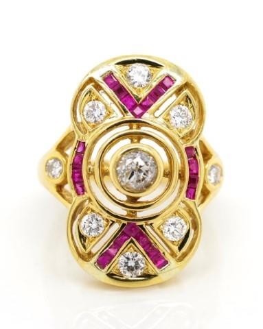 Diamond, ruby and 18ct yellow gold ring with anArt Deco desi...