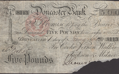 Doncaster Bank, for Cooke, Vernon, Walker, Jackson & Milnes, £5, 1 January...