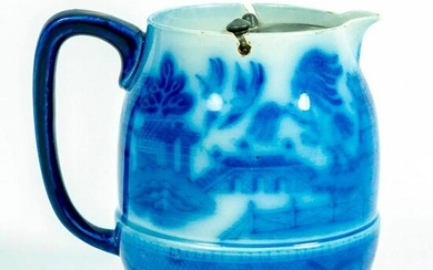 Doulton Burslem, Blue Willow Pitcher With Pewter Swing