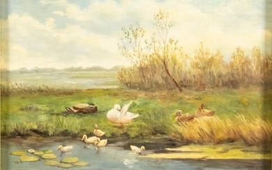 Dutch School: ducks at the waterside, oil on panel, second...