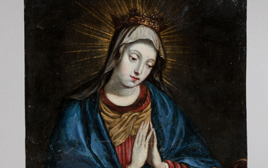 ECOLE FLAMANDE du XVIIème siècle. Vierge à l'Enfant. Huile sur cuivre. 24 x 17 cm. Restaurations et accidents.