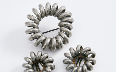 ESTRID ERICSON. BROOCH & EARRINGS, 2 pieces, brooch and 1 pair of earrings, 1940s, pewter, for Svenskt Tenn.