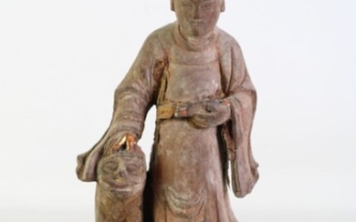 Early Wood Carving Of Chinese Scholar With Dog H: 25cm