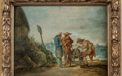 Ecole FLAMANDE du XVIIIème siècle. "Le rémouleur". Panneau....