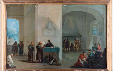 Ecole italienne vers 1800 L'accueil des malades dans un hospice Huile sur toile rentoilée (craquelures...