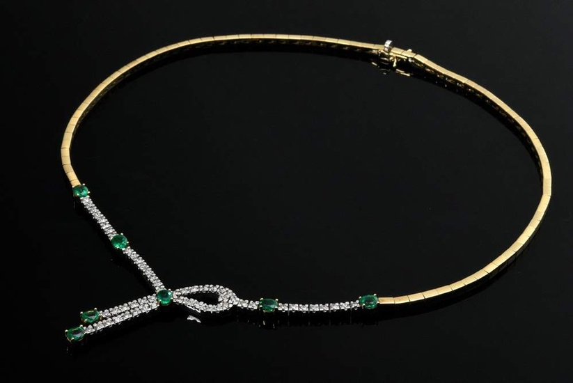 Elegant yellow and white gold 750 loop necklace with emeralds (add. ca. 1.80ct) and diamonds (add. ca. 1.92ct/VSI-SI/W-TCR), 40g, l. 43,5cm