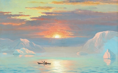 Emanuel A. Petersen: “Midnatssol og Taagedis, Diskobugten”. View from Greenland. Signed Emanuel A. Petersen. Oil on canvas. 50×60 cm.