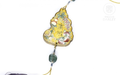 Enameled bronze ornament and two tourmalines, Qing Dynasty.