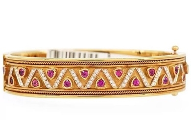Estate Diamond Ruby 18K Gold Detailed Bangle Bracelet