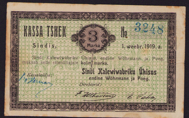 Estonia Sindi cloth mill 3 Marka 1919 local note