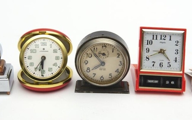 FIVE VINTAGE ALARM CLOCKS, INCLUDING A STAINLESS STEEL CASED SWISS REVILLE TUNE CLOCK, A JAPANESE 'RHYTHM' ALARM CLOCK WITH CALENDAR.