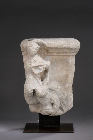 FRAGMENT of capital in carved limestone with two...