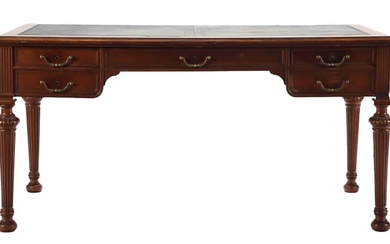 FRENCH MAHOGANY LEATHER TOP DESK WITH BRONZE HARDWARE