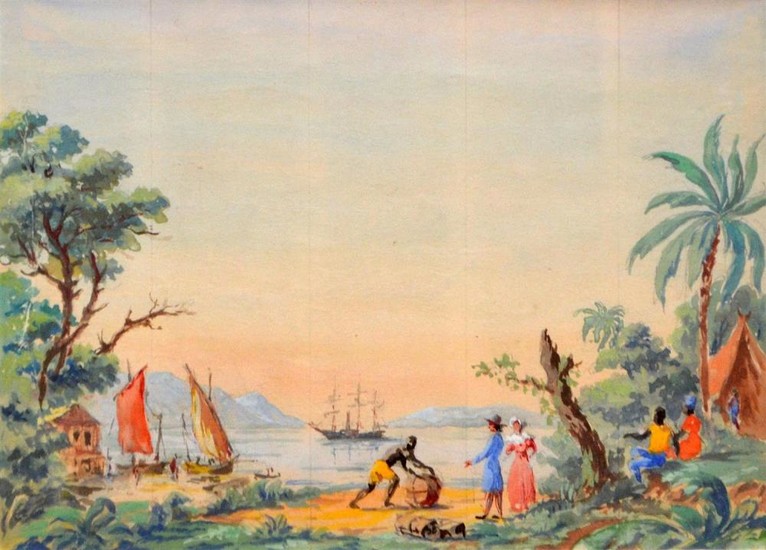 FRENCH SCHOOL, ISLAND TRADERS WEST INDIES, 19TH CENTURY WALLPAPER DESIGN, GOUACHE ON PAPER, 17 X 25CM