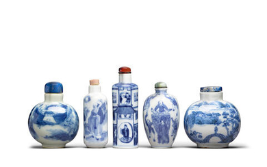 Five blue and white porcelain snuff bottles