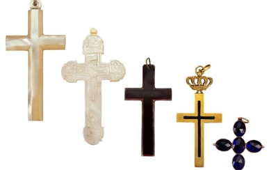 Five cross pendants, comprising: a gold reliquary cross pendant, the hinged cover with black enamel detail and crown surmount, indistinct marks; a 19th century foiled blue paste cross pendant; two mother-of-pearl cross pendants; and a two colour...