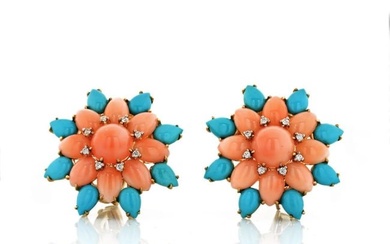 Flower 18K Yellow Gold Coral Turquoise and Diamond Clip-On Earrings