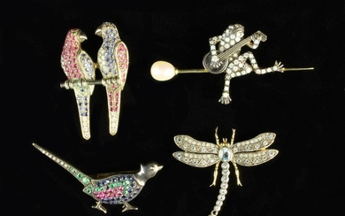 Four Charming Brooches; One in the form of a frog strumming a mandolin with diamonds, opals and a pe
