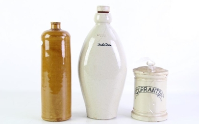 Fowler ware bottle (H31cm, crack through body) together with a Fowler lidded cannister (H16.5cm) and another (H27cm)