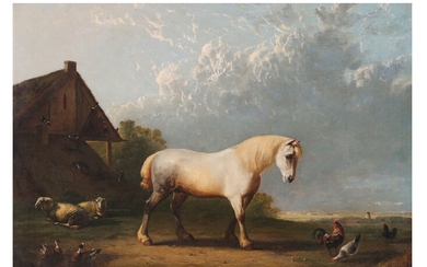 Francis von der Bouch ? Peintre néerlandais, 19ème siècle " Cheval blanc dans un paysage...