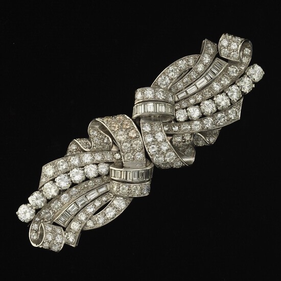 French Art Deco Platinum and Diamond Duette Brooch