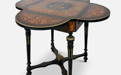 French Bronze Ormolu and Marquetry Inlay Four-Sided Drop-Leaf Game Table