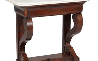 French Empire Marble Top Carved Mahogany Console, early 19th c., the reeded shaped white marble top