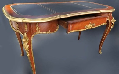 French Louis Xv Style Desk Satinwood Bronze Mounts & Leather Top