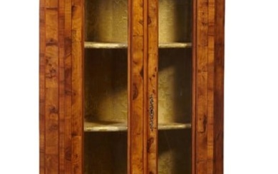 French Provincial Style Inlaid Burled Walnut Corner Bookcase, 20th c., H.- 80 in., W.- 33 in., D.