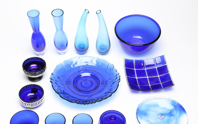 GLASS OBJECTS, 14 pcs, glass, blue, among others Kosta “Mine”.