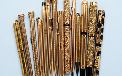 GROUP OF FOURTEEN GOLD TONED OR PLATED VINTAGE WRITING UTENSILS.