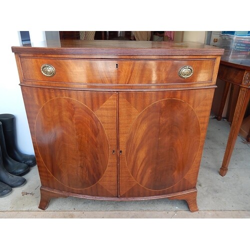 George III Bow Fronted Cabinet with Reeded Top, Upper Drawer...