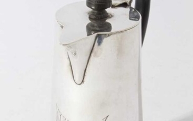 George V Silver hot water pot of tapered form with flared foot, body engraved Marjory, with ebony handle and finial (Sheffield 1923), maker, Sutherland & Roden, all at 12.5oz, 16.5cm in height