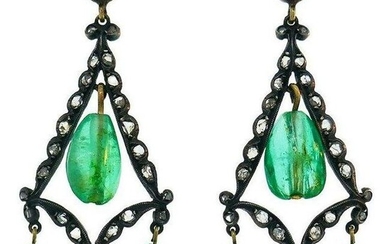 Georgian Emerald Silver 10k Gold Dangle Earrings