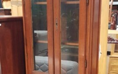 Georgian Style Slender Mahogany Bureau Bookcase with two glass panelled doors above bureau base on bun feet (H:200 x W:66 x D:41cm)