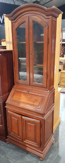 Georgian Style Slender Mahogany Bureau Bookcase with two glass panelled doors above bureau base on bun feet (H:200 x W:66 x D:41cm)