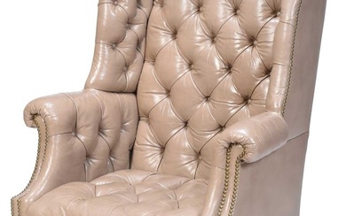 Georgian Style Tufted Leather and Mahogany Easy Chair